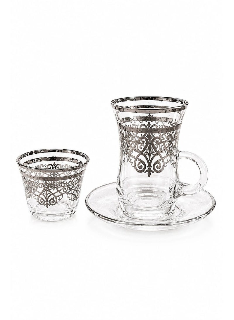 Almarjan Tea Set Clear & Silver 18 Pieces Perfect For Gatherings, Special Occasions, Ramadan And Eid - Image 1