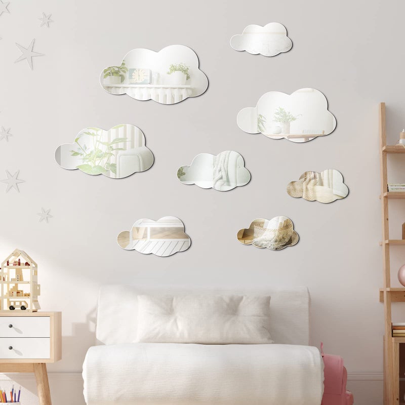 Tatuo 8 Pcs 3D Acrylic Cloud Shape Mirror Wall Art Decor Removable Self Adhesive Decorative Cloud Mirror Stickers Decals for Kids Girls Bedroom Bathroom Playroom Living Room Nursery Decoration - Image 1