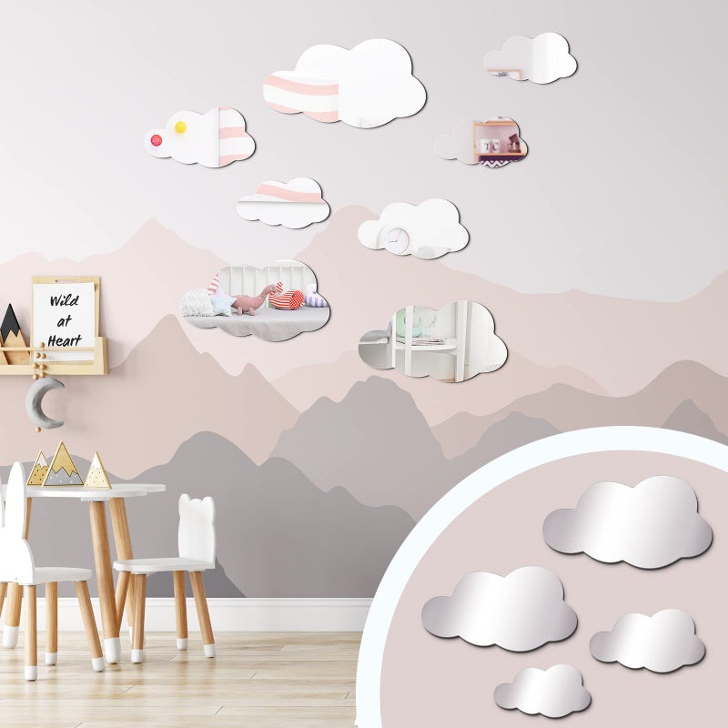 Tatuo 8 Pcs 3D Acrylic Cloud Shape Mirror Wall Art Decor Removable Self Adhesive Decorative Cloud Mirror Stickers Decals for Kids Girls Bedroom Bathroom Playroom Living Room Nursery Decoration - Image 3