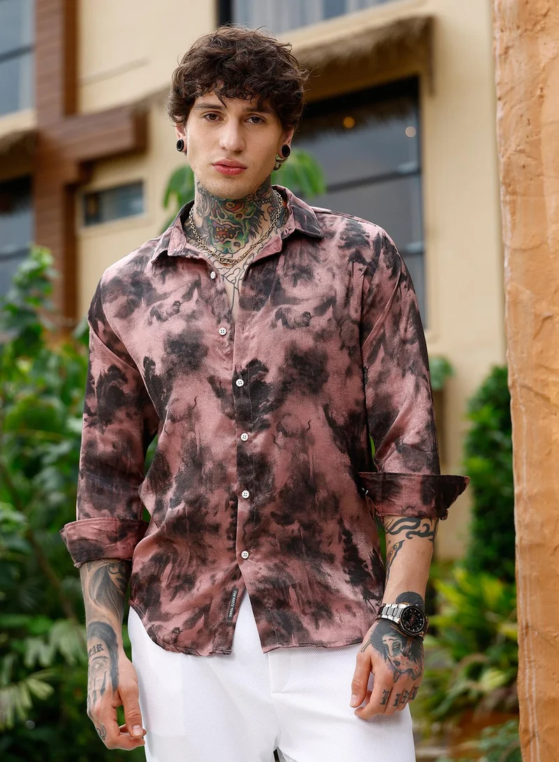 Campus Sutra Men Gleaming-Blur Shirt | Spread Collar Long Cuffed Sleeves | Button Closure Curved Hem | Abstract-Print Suede Feel | Woven Fabric For Evening & Party Wear | Dark Mauve