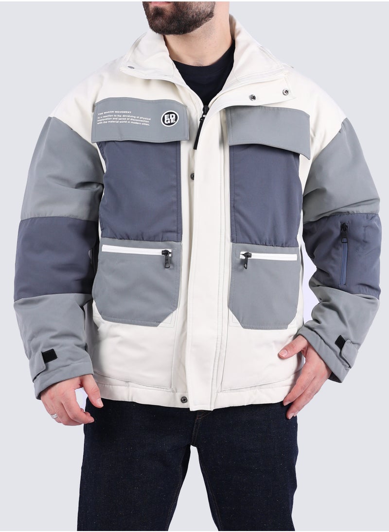 JACK & JONES - Men's Color Block Multi Pockets Jackets in OFF WHITE - Image 1