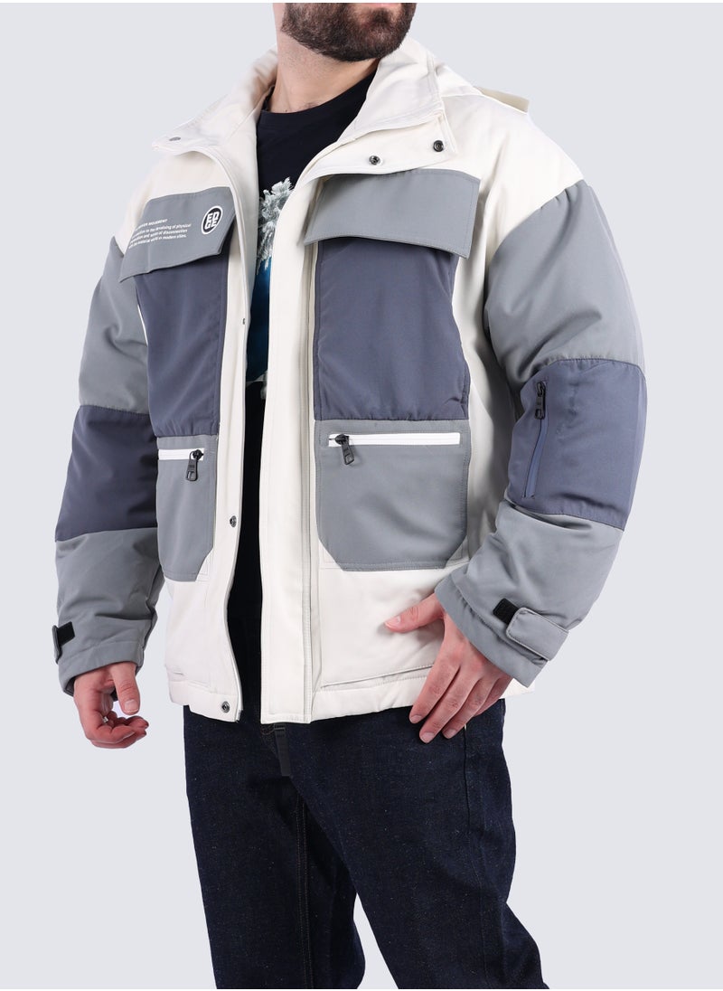 JACK & JONES - Men's Color Block Multi Pockets Jackets in OFF WHITE - Image 1