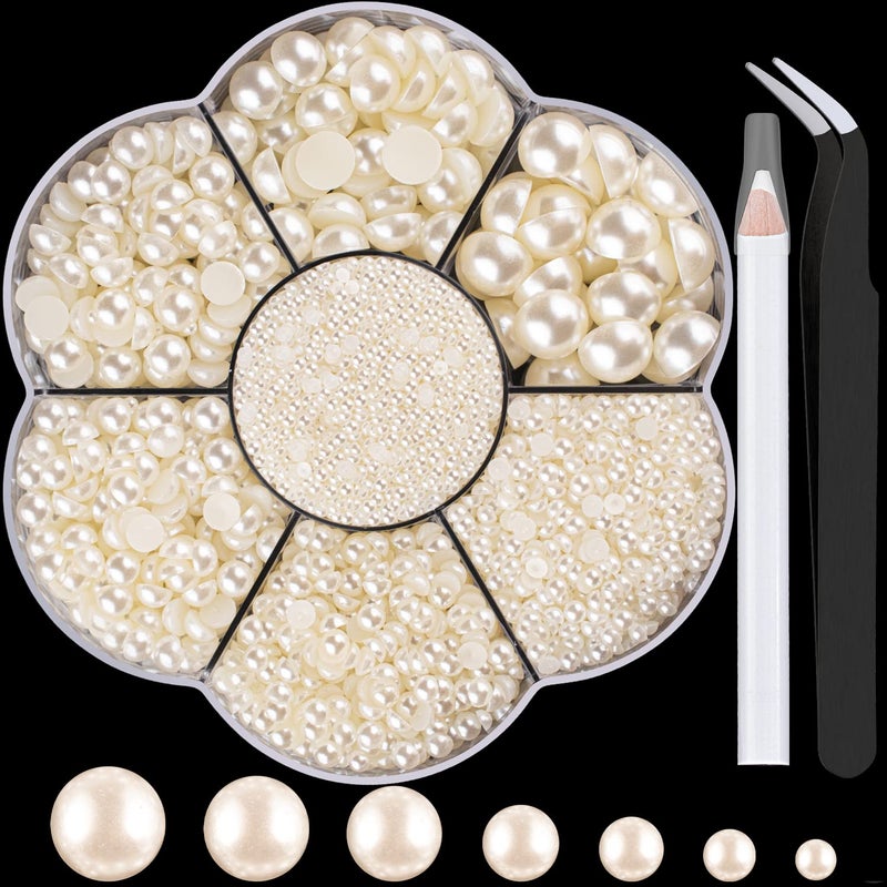 BELLEBOOST 5600pcs ABS Round Flat Back Beige Pearls Kit with Pickup Tools for Nail Art Face Body Decorations