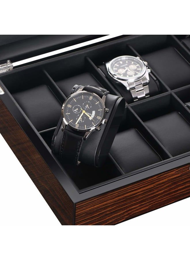 BEWISHOME Watch Box -10 Slot Luxury Wooden Watch Cases for Men Watch Storage with Real Glass Top, Mens Watch Organizer Holder with Removable Pillows, Smooth Faux Leather Interior, Brown SSH10Y  - Image 4