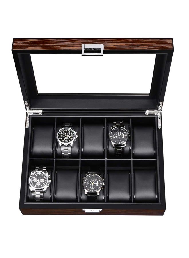 BEWISHOME Watch Box -10 Slot Luxury Wooden Watch Cases for Men Watch Storage with Real Glass Top, Mens Watch Organizer Holder with Removable Pillows, Smooth Faux Leather Interior, Brown SSH10Y  - Image 1
