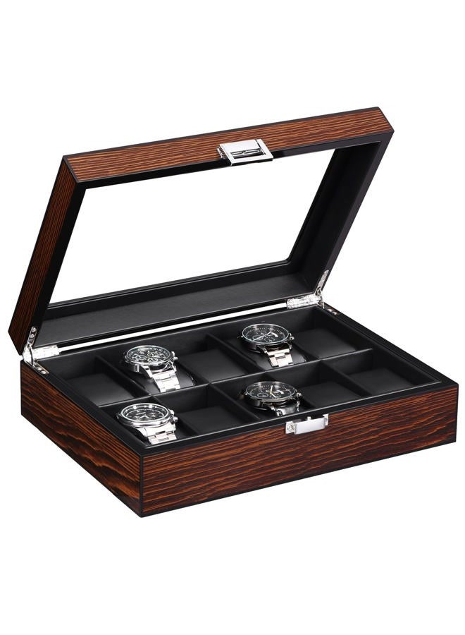 BEWISHOME Watch Box -10 Slot Luxury Wooden Watch Cases for Men Watch Storage with Real Glass Top, Mens Watch Organizer Holder with Removable Pillows, Smooth Faux Leather Interior, Brown SSH10Y  - Image 5