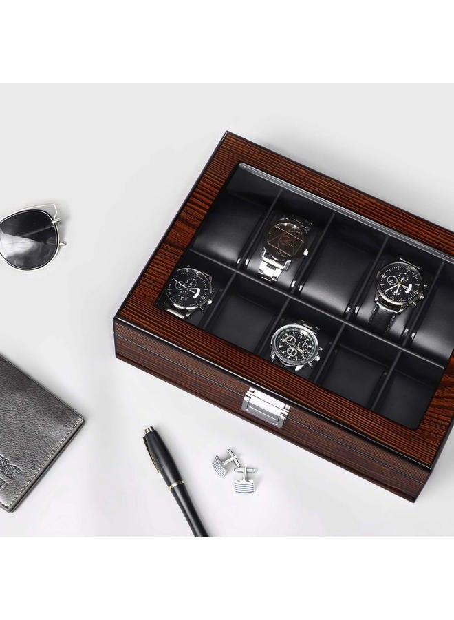 BEWISHOME Watch Box -10 Slot Luxury Wooden Watch Cases for Men Watch Storage with Real Glass Top, Mens Watch Organizer Holder with Removable Pillows, Smooth Faux Leather Interior, Brown SSH10Y  - Image 3