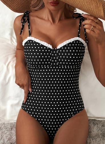 Herseas Women One Piece Swimsuit High Cut Adjustable Tie Shoulders Stretchy Push Up Tummy Control Bathing Suit Romantic Plus Size Beach Vacation Essentials Black with White Dots​ X-Large - Image 2