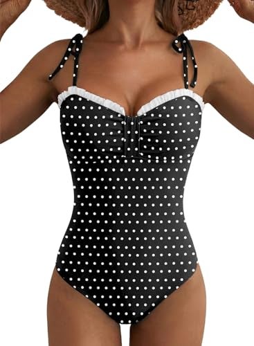 Herseas Women One Piece Swimsuit High Cut Adjustable Tie Shoulders Stretchy Push Up Tummy Control Bathing Suit Romantic Plus Size Beach Vacation Essentials Black with White Dots​ X-Large - Image 1