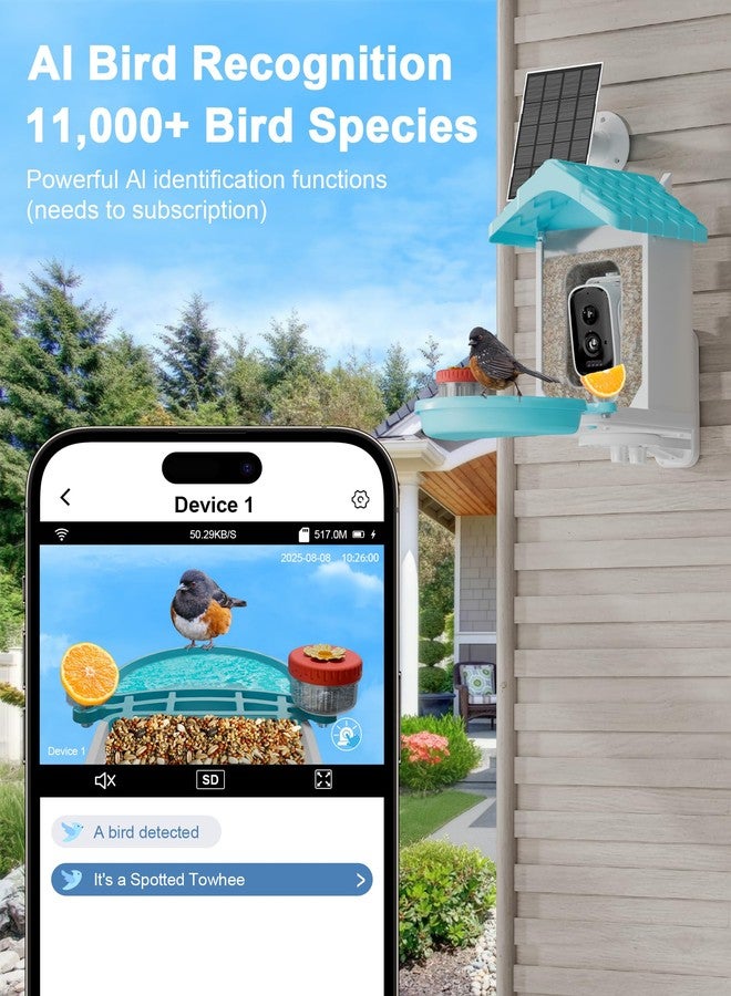 VISIOGEAR 2-in-1 Smart Wild Bird Feeder & Bath with 4K HD Camera, AI Identification Solar Bird Feeder Watching Camera Night Vision for Outdoor Birds Watching Gifts for Birdlover, Blue - Image 2