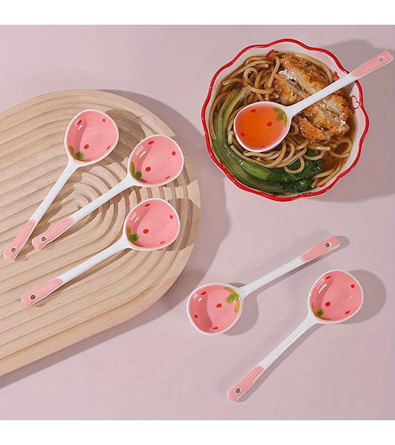 Hand Painted Super Cute Strawberry Ceramic Spoon Long Handle Reusable Dessert Spoon - Image 1