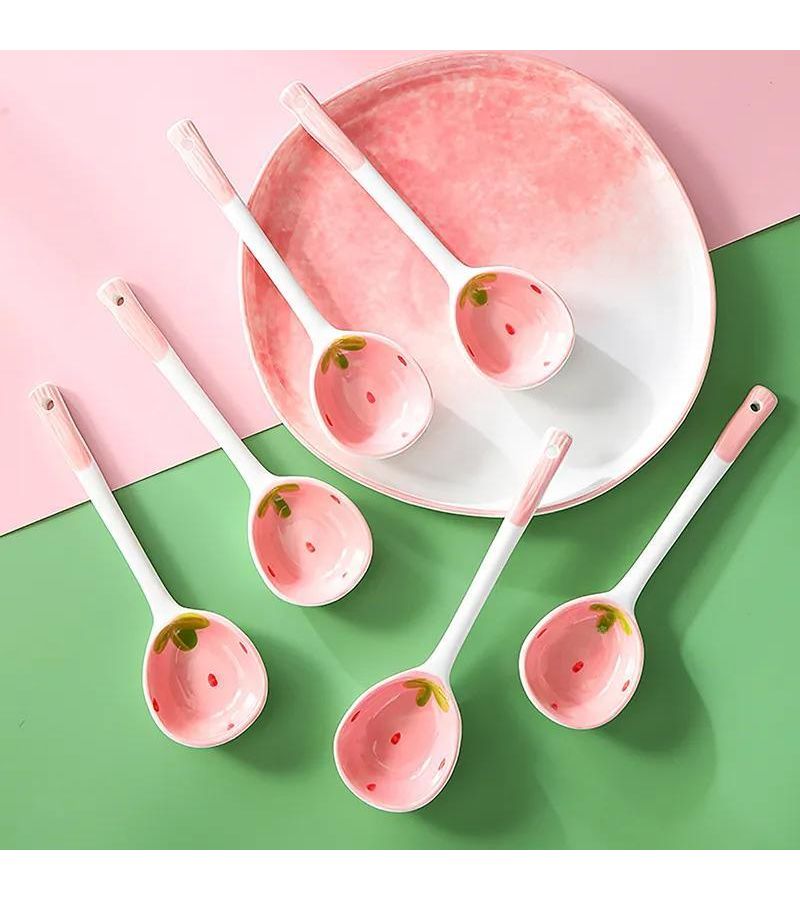 Hand Painted Super Cute Strawberry Ceramic Spoon Long Handle Reusable Dessert Spoon - Image 5