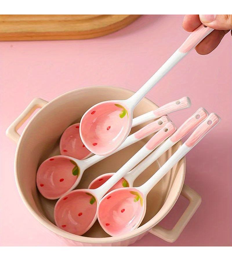 Hand Painted Super Cute Strawberry Ceramic Spoon Long Handle Reusable Dessert Spoon - Image 4