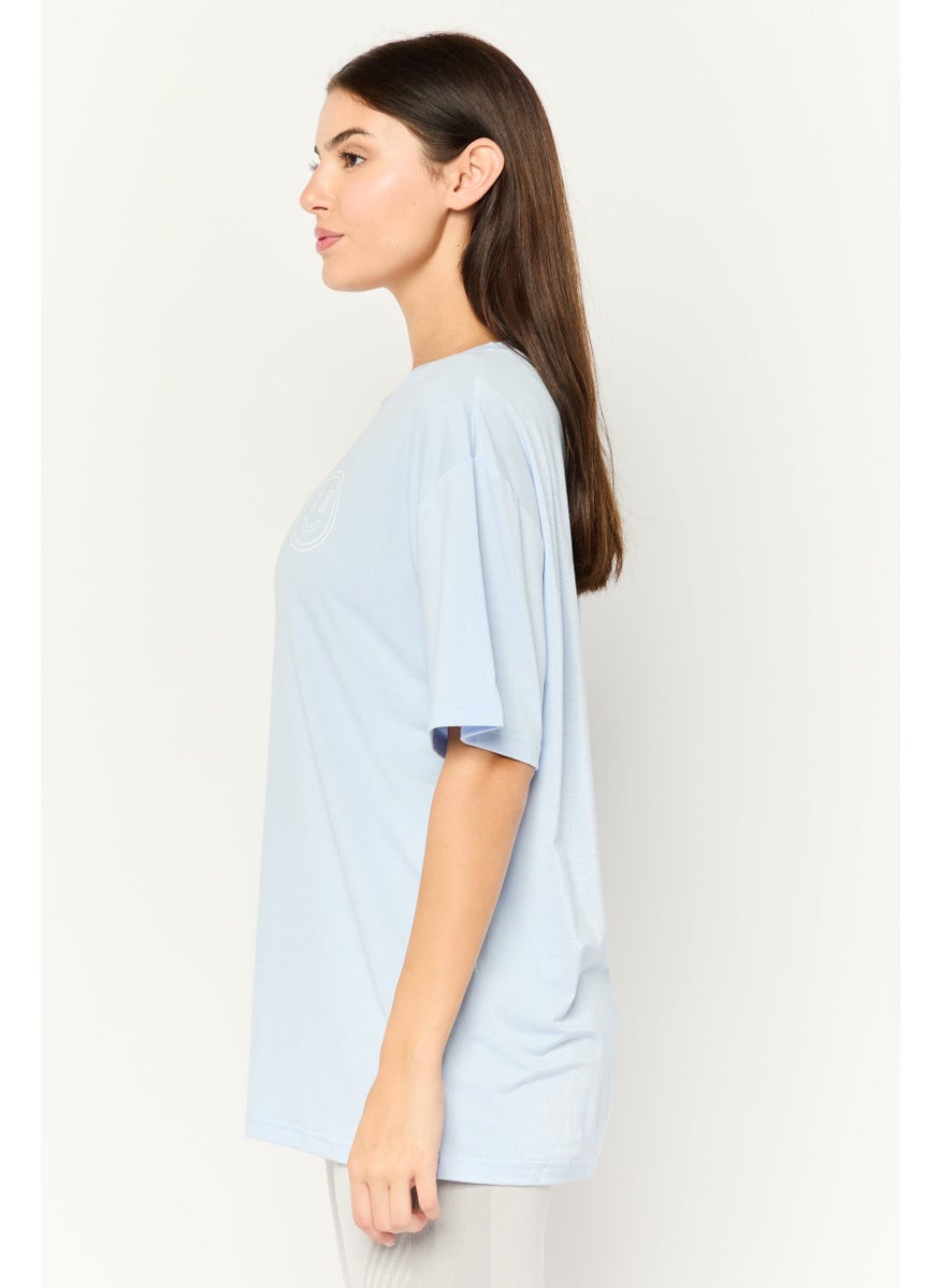 STEVE MADDEN - Women Crew Neck Short Sleeve Brand Logo T-Shirt, Light Blue - Image 1