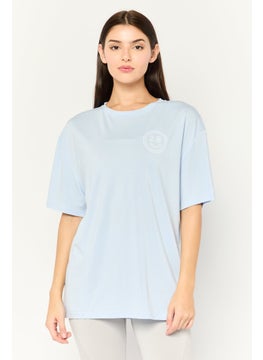 Women Crew Neck Short Sleeve Brand Logo T-Shirt, Light Blue