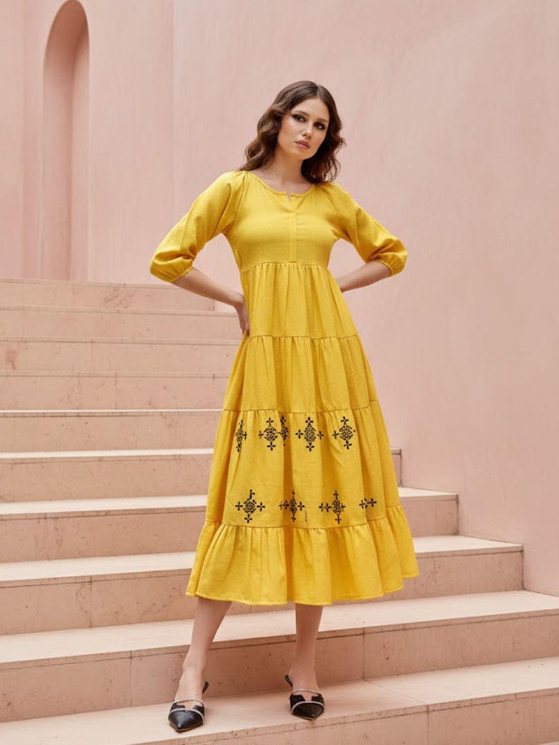 PURVAJA Women's Layered Midi Length 3/4 Sleeve Round Neck Solid Dress [FLOE-316-YELLOW-L] - Image 2