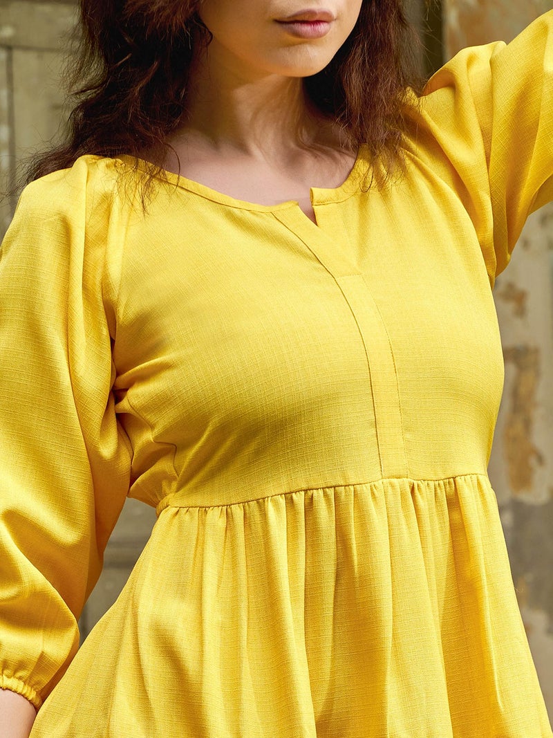 PURVAJA Women's Layered Midi Length 3/4 Sleeve Round Neck Solid Dress [FLOE-316-YELLOW-L] - Image 3