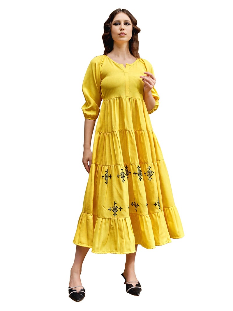 PURVAJA Women's Layered Midi Length 3/4 Sleeve Round Neck Solid Dress [FLOE-316-YELLOW-L] - Image 1