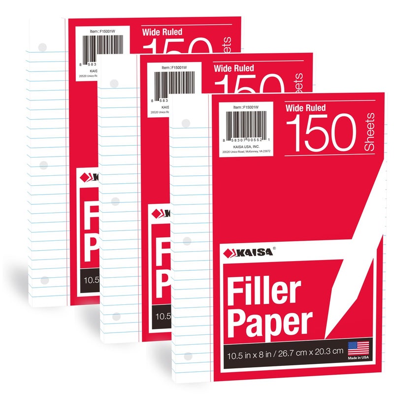 KAISA Filler Paper Loose Leaf Paper Wide Ruled Paper 8x1012 3Hole Punched Binder Paper For 3Ring Binders150 Sheetspack 3Pack F15001W