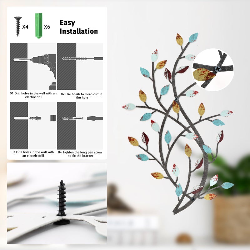 Meltset Metal Tree Leaf Wall Decor, Vine Olive Leaf Branch Wall Art, Wrought Iron Scroll Artwork, Decorative Wall Sculptures Above The Bed, Living Room, Hallway, Indoor and Outdoorï¼ˆS/Farmhouseï¼‰ - Image 5