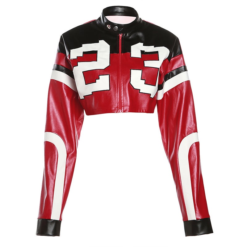 2023 Autumn Fashion Biker Embroidered Faux Leather Jacket Red 