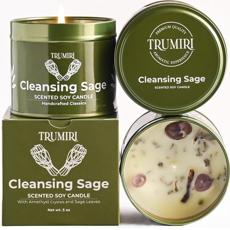 Sage Candle for Cleansing House Negative Energy Smudge Kit 5oz Soy Wax Natural Clean Organic Non Toxic Aromatherapy Spiritual Meditation Gifts Long Lasting Highly Scented Candel with Crystals