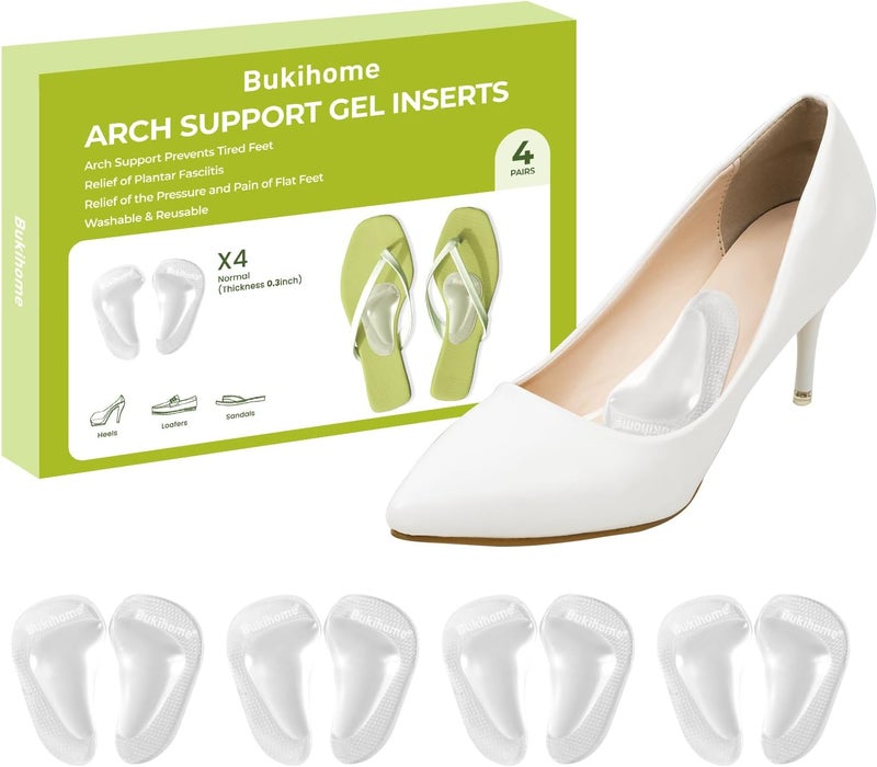 Arch Support Shoe Insoles & Insert - Bukihome Gel Arch Inserts for Flat Feet, Plantar Fasciitis - Adhesive Arch Pad for Foot Pain Relief - All Day Comfort - 0.47 Inch - 4 Pairs (Clear)