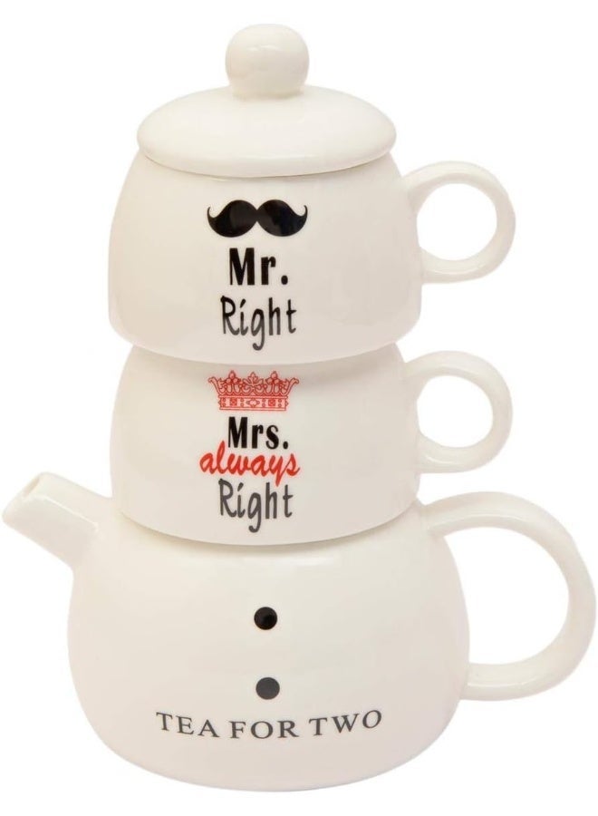 Shallow JZ004-D Mr. & Mrs. Tea Set 3 Pieces – 1 Teapot & 2 Mugs, Multi-Colour Bone China Tea & Coffee Set - Image 1
