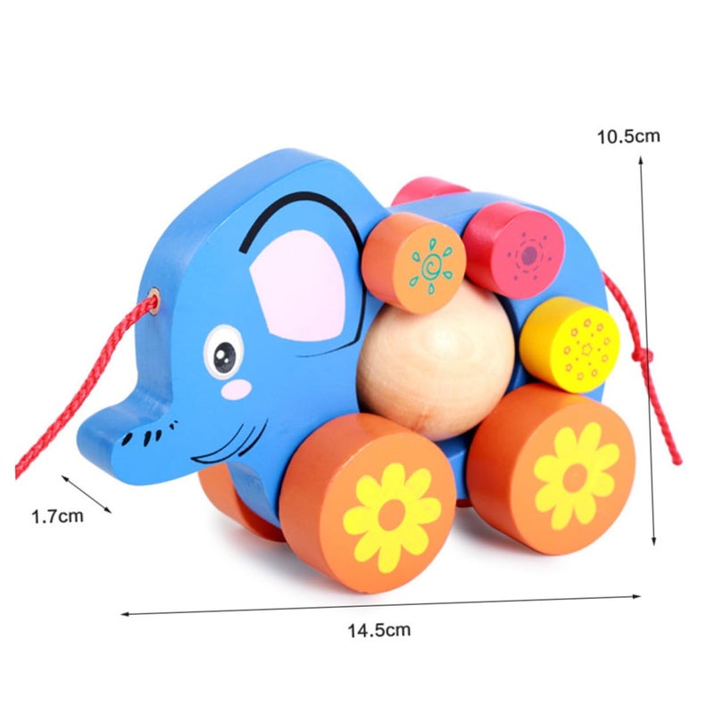 Blue Elephant Pull String Walking Cart Toy Develops Motor Skills Observation Fun - Image 3
