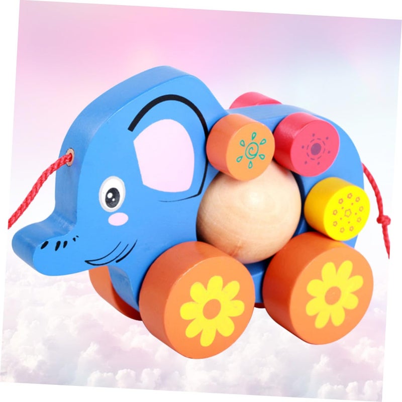 Blue Elephant Pull String Walking Cart Toy Develops Motor Skills Observation Fun - Image 4