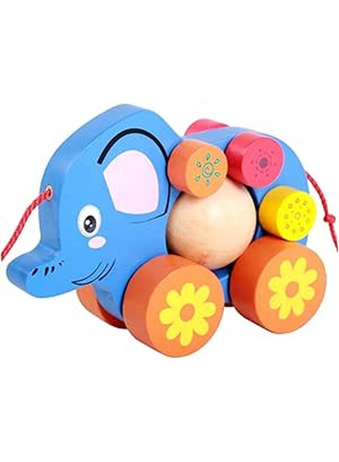 Blue Elephant Pull String Walking Cart Toy Develops Motor Skills Observation Fun - Image 1