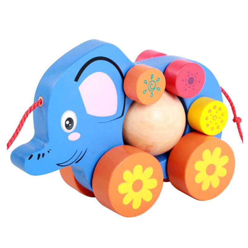 Blue Elephant Pull String Walking Cart Toy Develops Motor Skills Observation Fun - Image 2