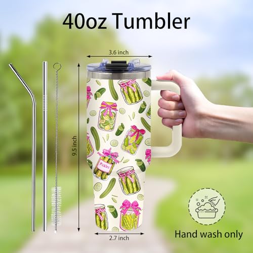xiiai Pickle Gifts - Funny Pickle Themed Tumbler 40oz with Handle and Straws, Leak-proof, Stainless Steel Insulated Travel Coffee Mugs for Pickles Lovers, Pickled Food Enthusiasts Gifts Birthday Cup - Image 2