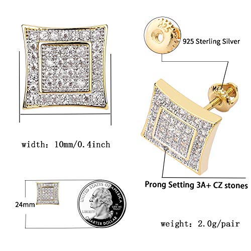 TOPGRILLZ 925 Sterling Silver Iced out Men and Women 14k Gold Square Kite Screw Back Hypoallergenic Stud Earrings with Simulated Diamond (Gold) - Image 2
