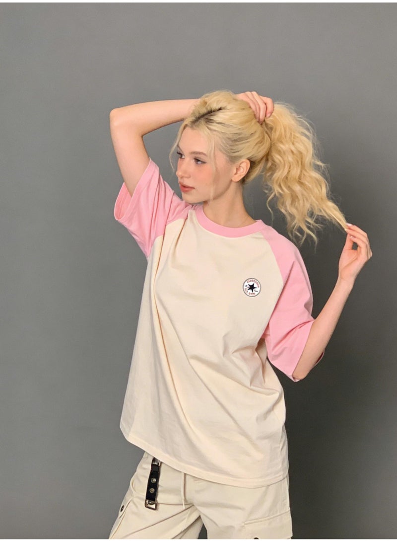 كونفرس CONVERSE Style Pink & White Raglan T-Shirt Unisex Loose Casual Couple Short Sleeve Tee - Image 4
