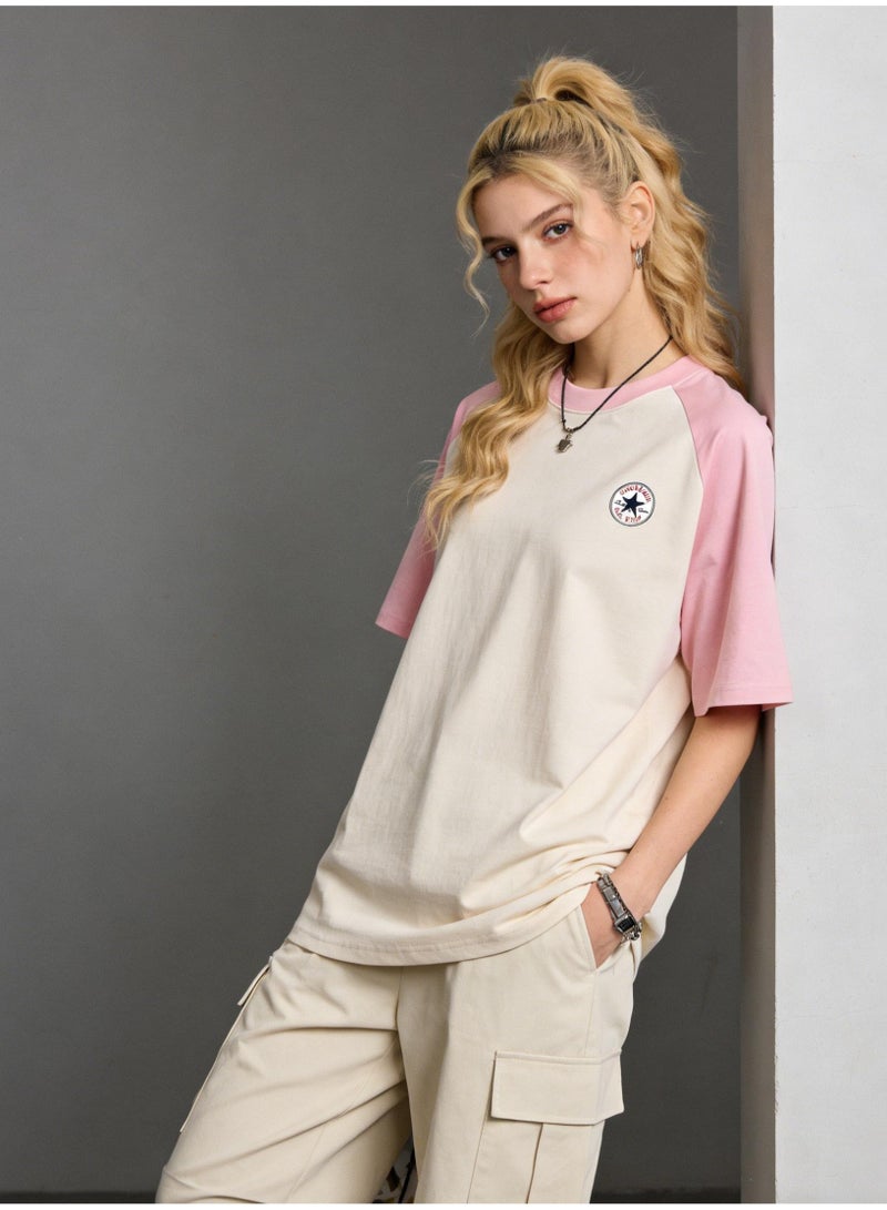 كونفرس CONVERSE Style Pink & White Raglan T-Shirt Unisex Loose Casual Couple Short Sleeve Tee - Image 3