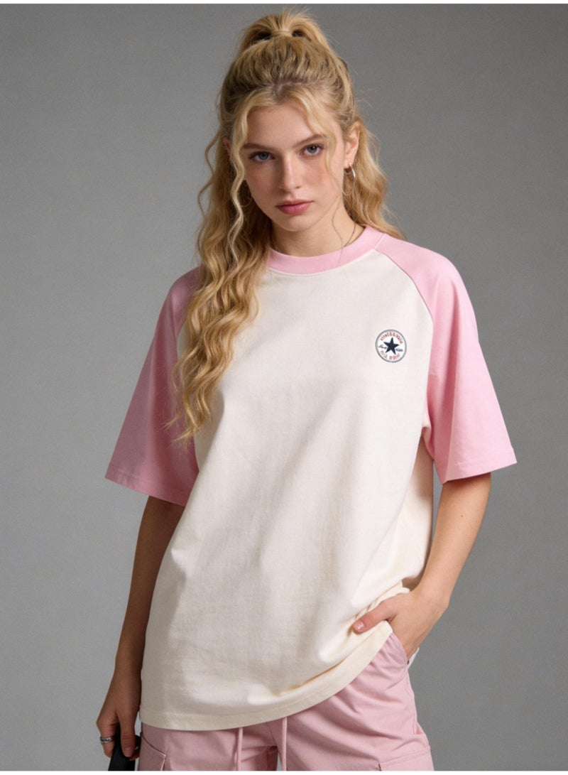 كونفرس CONVERSE Style Pink & White Raglan T-Shirt Unisex Loose Casual Couple Short Sleeve Tee - Image 1