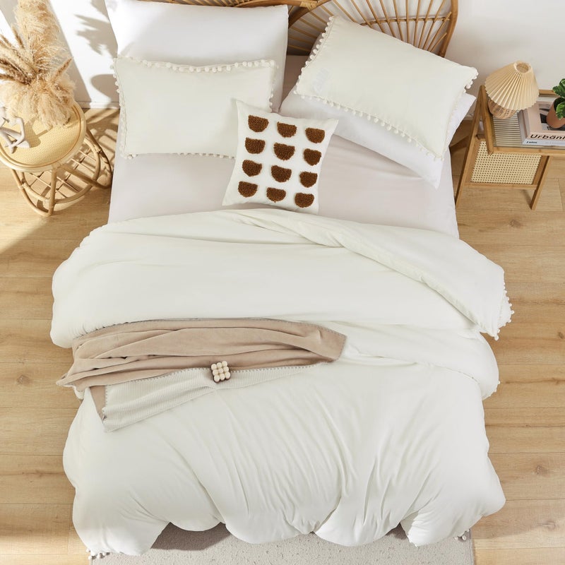 YIRDDEO Ivory Queen Ball Pom Fringe Comforter Set 3pcs, Boho Off White Aesthetic Luxurious Queen Bedding Set 3 Pieces, Vintage Ultra Soft Microfiber Comforter Set - Image 4