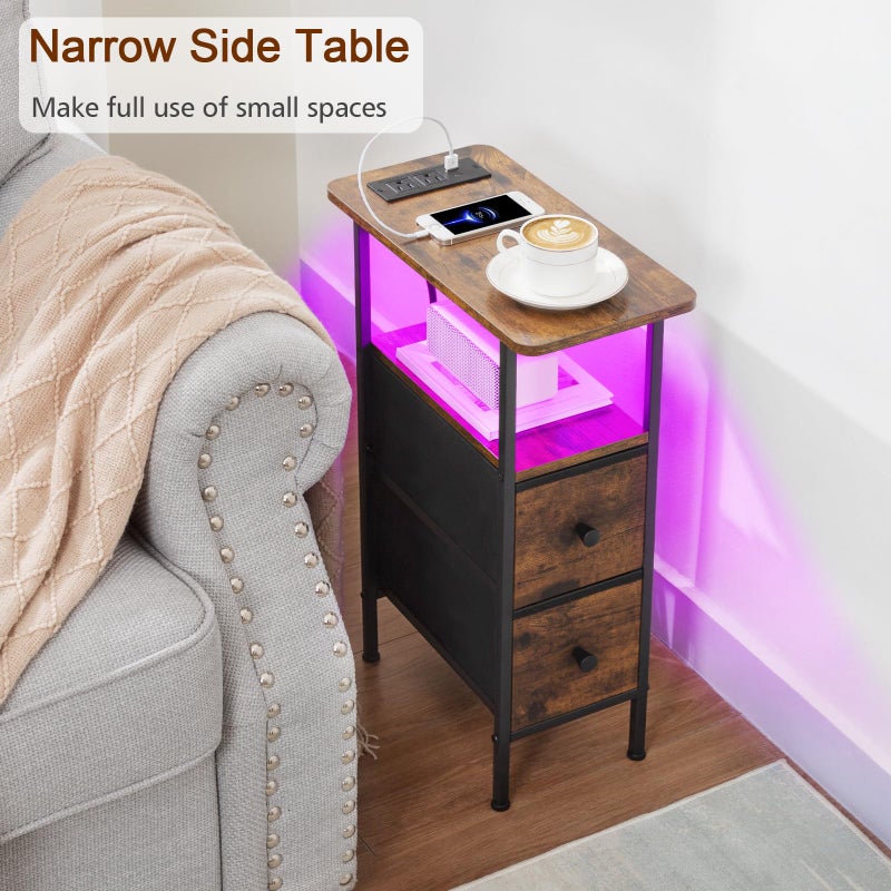 LOAKEKEL Narrow Nightstand with Charging Station, End Tables Living Room Set of 2, Skinny Side Table with Fabric Drawers, Small Sofa Table with LED Light for Bedroom, Brown, HETNDP02LBR - Image 2