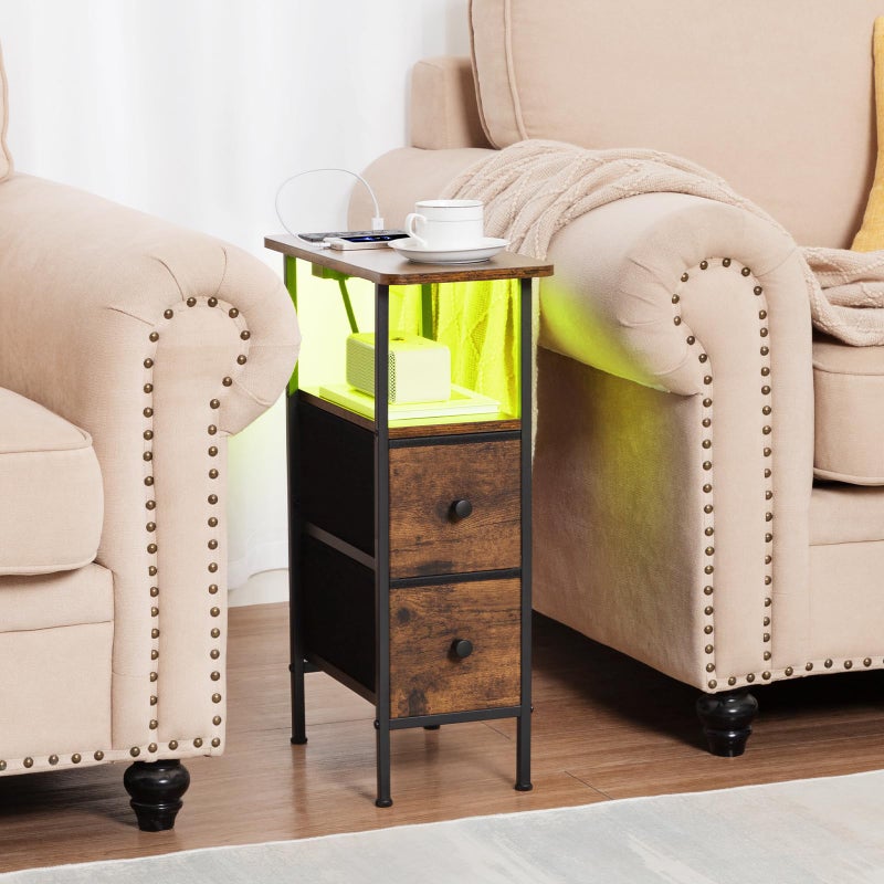 LOAKEKEL Narrow Nightstand with Charging Station, End Tables Living Room Set of 2, Skinny Side Table with Fabric Drawers, Small Sofa Table with LED Light for Bedroom, Brown, HETNDP02LBR - Image 5