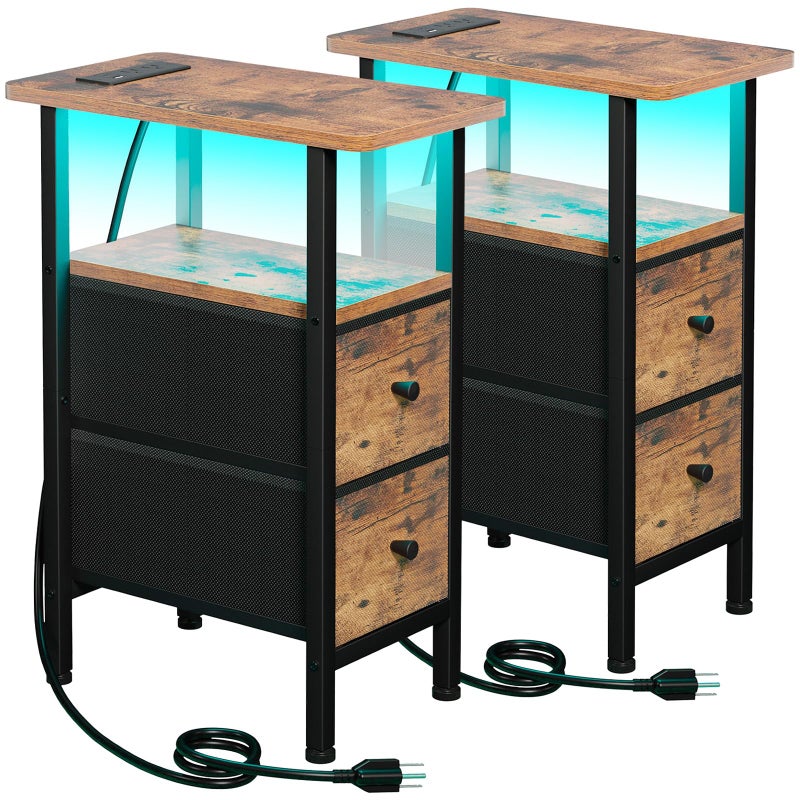 LOAKEKEL Narrow Nightstand with Charging Station, End Tables Living Room Set of 2, Skinny Side Table with Fabric Drawers, Small Sofa Table with LED Light for Bedroom, Brown, HETNDP02LBR - Image 1