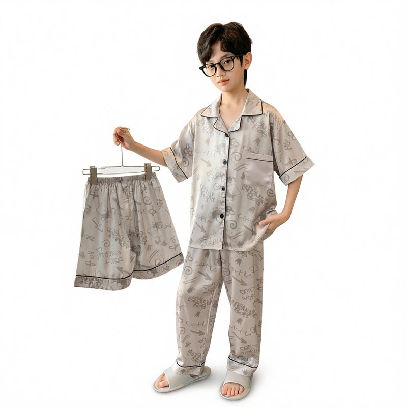 Boys Summer Ice Silk Pajama Set Short Sleeve 3-Piece Kids Homewear - Image 3