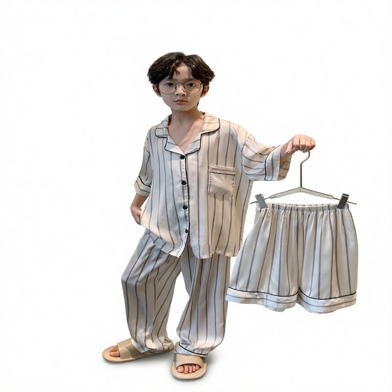 Boys Summer Ice Silk Pajama Set Short Sleeve 3-Piece Kids Homewear - Image 1