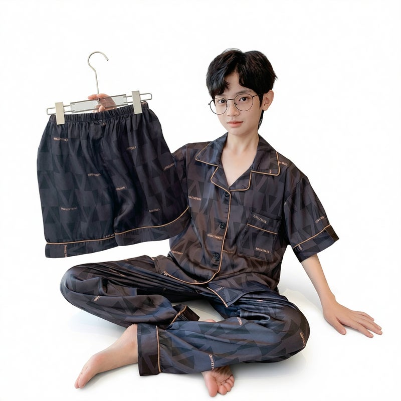 Boys Summer Ice Silk Pajama Set Short Sleeve 3-Piece Kids Homewear - Image 5