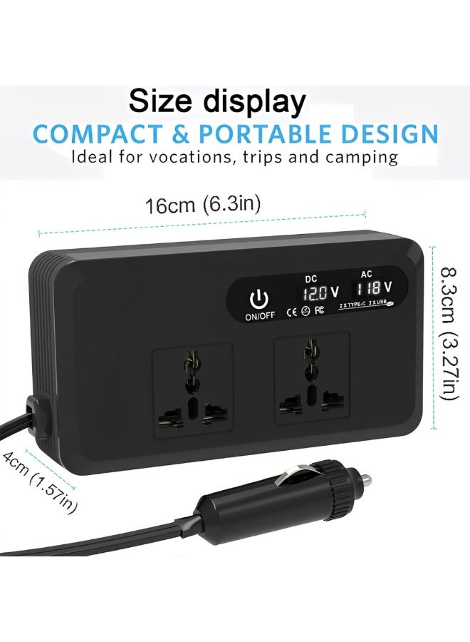 200W Car Power Inverter - 12V To 220V 2 AC Outlets 2 USB Ports (2.4A Each) & 2 Type-C Ports (25W Each) - Compact & Portable For Cars SUVs Trucks & RVs - Image 3