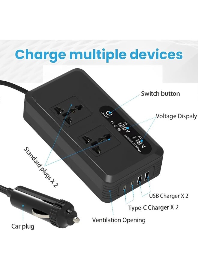 200W Car Power Inverter - 12V To 220V 2 AC Outlets 2 USB Ports (2.4A Each) & 2 Type-C Ports (25W Each) - Compact & Portable For Cars SUVs Trucks & RVs - Image 2