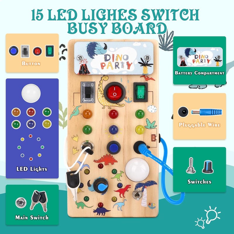 Hoarosall ل��حة الأنشطة الديناصور مع 8 مفاتيح إضاءة LED، لوحة الأنشطة مونتيسوري للأطفال الصغار، ألعاب مفاتيح الإضاءة، ألعاب حسية، ألعاب مونتيسوري للأطفال من عمر سنة فما فوق، الأطفال الصغار، الأولاد - Image 2