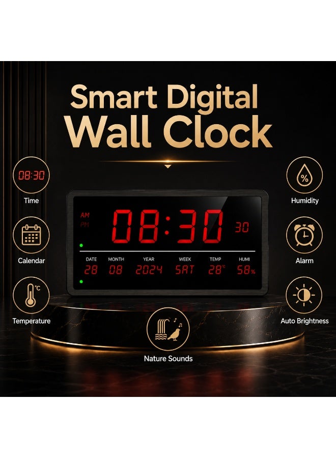 Multi-Function LED Digital Wall Clock With Calendar, Alarm, Temperature & Humidity Display And Nature Sounds Modern Design - Image 1
