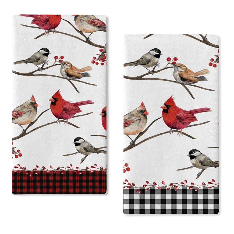 Seliem Bird Tree Branch Kitchen Dish Towel Set of 2 Cardinal Chickadee Berry Red Black Buffalo Plaid Check Tea Hand Drying Baking Cloth Farmhouse Winter Xmas Christmas Decor Home Decorations 18 x 26
