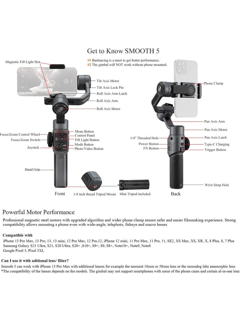 Generic - Smooth 5 Gimbal Stabilizer for iPhone and Android Smartphones - 3-Axis Stabilization with Tripod for Vlogging, YouTube, TikTok, and Instagram Live Videos - Standard Package - Image 1